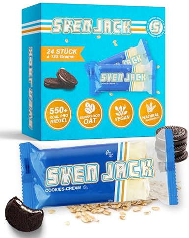 Sven Jack (Energy Cake) - Cookies-Cream 24x 125g (3kg) - Fitness Riegel aus Haferflocken mit langkettigen Kohlenhydraten – Energieriegel Sattmacher für den Alltag & unglaublichem Geschmack