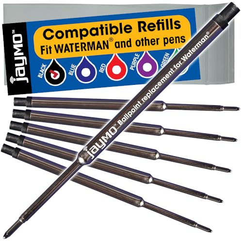 Jaymo Replacement for Waterman 834254 - Measures 4.4 in / 112 mm Long - Ballpoint Pen Refill - 6 Black