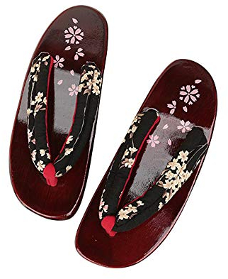 G-LIKE Damen Sandalen Pantoffel Sommerschuhe - Traditionelle Japanische Holzschuhe Geta Kimono Kirschblüte Sakura Musterdruck rutschfest Poliert Flip-Flops Cosplay Clogs (36-37 EU, Schwarz Sakura)