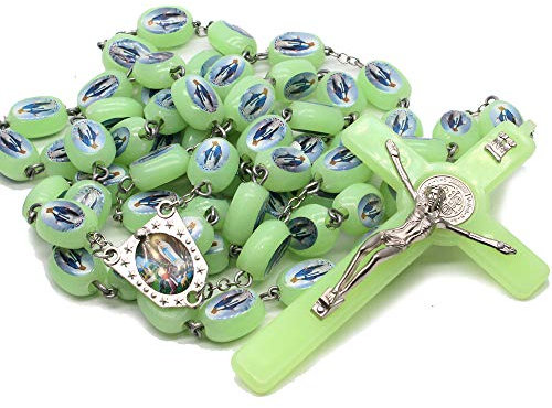 RICHRAIN Leuchtende Wand Rosenkranz Perlen leuchten im Dunkeln, katholischer großer Rosenkranz mit Jesus Kruzifix zum Aufhängen Beten Rosenkränze Halskette (Maria)