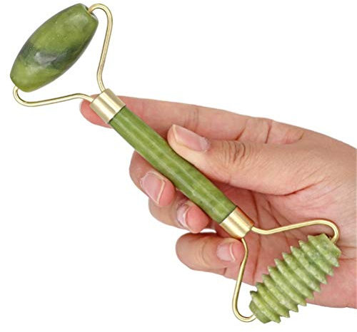 Frolahouse Rouleau de massage en jade avec pierre de jade et pièces de jade Gua Sha Outil de massage pour massage du visage, du cou et du corps
