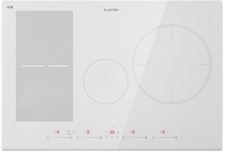 KLARSTEIN Delicatessa - Table à induction hybride encastrée autonome, 4 zones : 7000W, 9 niveaux, booster, zone Flex, stop&go, zone paella, vitrocéramique sans cadre, 80cm - blanc mat