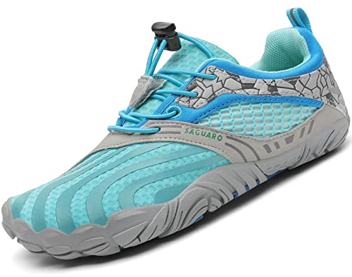 SAGUARO Kinder Barfußschuhe Traillaufschuhe Jungen Mädchen Trainingsschuhe Zehenschuhe rutschfest Walkingschuhe Himmelblau Gr.34