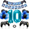 Phoetya Dekorationen zum 10. Geburtstag für Jungen, Gaming-Motto-Geburtstagsparty-Dekorationsset für Gamer, Happy Birthday-Banner, Game-Controller-Luftballons, schwarz-blaue Luftballons für Kinderpart