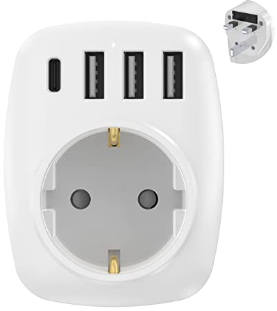Gogotool Reiseadapter UK Adapter England Deutschland Stecker mit 3 USB und 1 Typ C, Steckdosenadapter Reisestecker Stromadapter für Großbritannien Irland Wand Ladegerät Ladestation, Adapter Steckdose