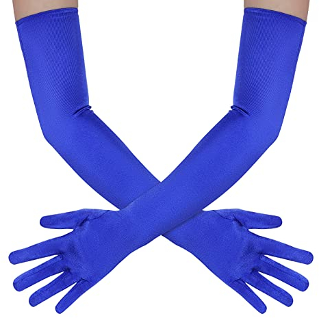 Wobe Lange Opera Party 20er Jahre Satin Handschuhe Dehnbar Erwachsene Größe Ellenbogen Länge Hochzeit, Blau, Einheitsgröße
