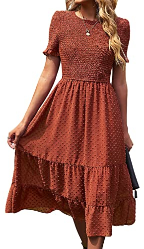 BebreezChic Damen Sommerkleid Maxikleider Kurzarm Rundhals Swiss Dot Rüschen Falten Einfarbig Casual Elegant Cocktailkleid, Orange-Rot S