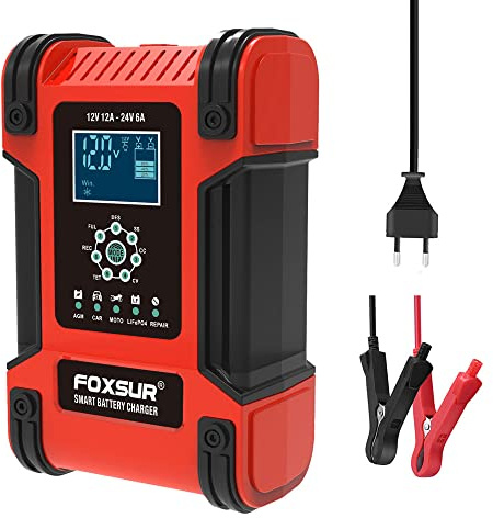 ERYUE Caricabatterie per auto,Caricabatterie per auto 12V/12A 24V/6A Caricabatterie intelligenti completamente automatici Manutentore Caricabatterie portatile Desolfatore per batterie per auto Moto Ca
