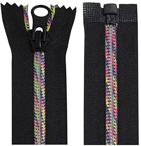 Aerzetix - C64047 - Set di 2 Cerniere Lampo a Spirale N°5 60cm separabile autobloccante - Rete in Nylon Arcobaleno - tiretto Decorativo in Metallo - Colore Nero - cursore merceria