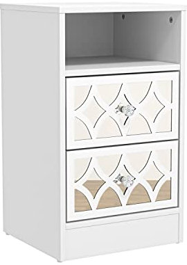 Galano Bowen 2 Drawer Bedside Table with Acrylic Mirror – White Nightstand with Storage – Modern Side Table with Drawers for Bedroom, Hallway or Entryway