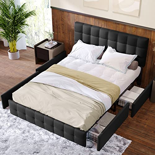 AMDXD Polsterbett mit 4 Schubladen, Doppelbett mit Lattenrost, Stauraum Bett, höhenverstellbares Kopfteil & quadratisches Nähdesign, Metalllattenstütze, Leinenmaterial (140 x 200 cm, Schwarz)