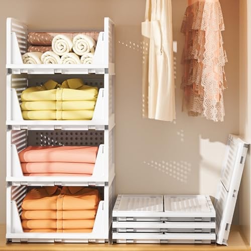 Schrank Organizer Kleiderschrank,4 Stück stapelbar Schubladen Organizer Kleidung, Faltbare Ordnungssystem Kleiderschrank Aufbewahrungsbox für Kleidung Schlafzimmer Küche,Weiß