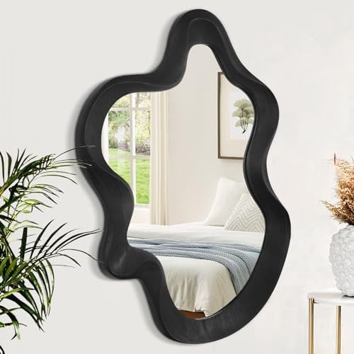 Asymmetrischer Spiegel für Wanddekoration groß Wandspiegel mit Holzrahmen wandmontierter Schminktisch künstlerischer Spiegel dekorativ für Wohnzimmer Schlafzimmer Badezimmer Eingangsbereich Schwarz