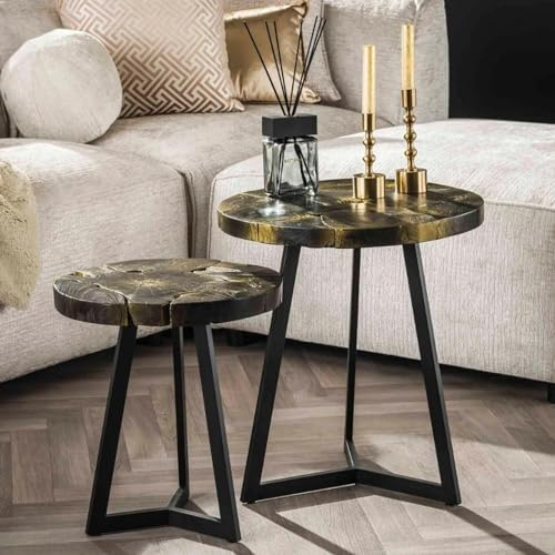 RINGO-Living Sofa Couchtisch aus Teakholz Industrial Style 2er Set Beistelltische Holz, runder Couch Tisch Schwarz Gold, Vintage Echtholz Massivholz Wohnzimmertisch Set, Satztisch