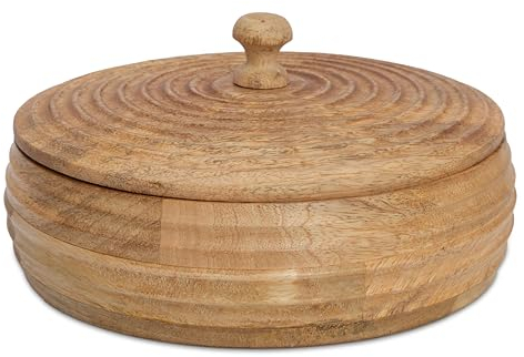 Indian Kitchen Roti Holder Box Pancake Keeper Serveware Hot Pot Casserole Dish With Lid Home Kitchen Dining Decor, Natural Brown, 9 x 3 Inches