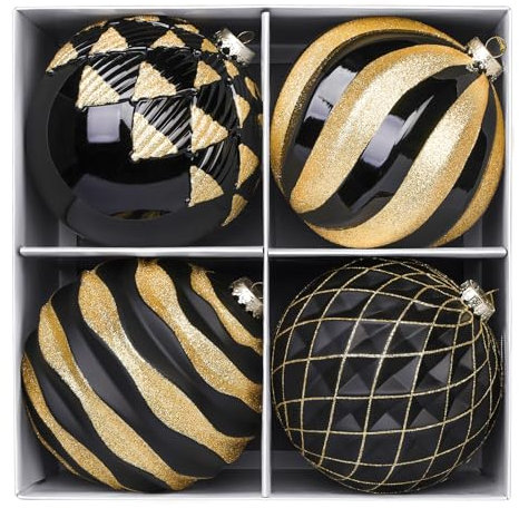 Alupssuc Christmas Baubles, 4Pcs 15cm Christmas Tree Decorations, Shatterproof Hanging Balls Set with Hooks for X-mas Party Wedding Holiday, Black & Gold