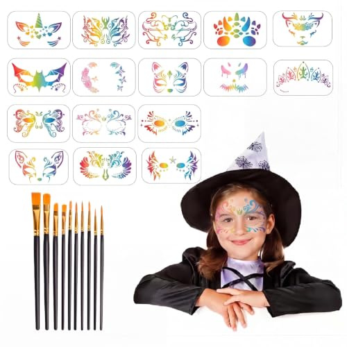 26 Stücks Gesichtsmalerei Schablonen Set, wiederverwendbare Gesichtsmalerei Schablonen temporäre Tattoos Körper Malerei Schablonen mit 10 Zeichnung Stifte für Kinder Halloween Urlaub Party Make-up