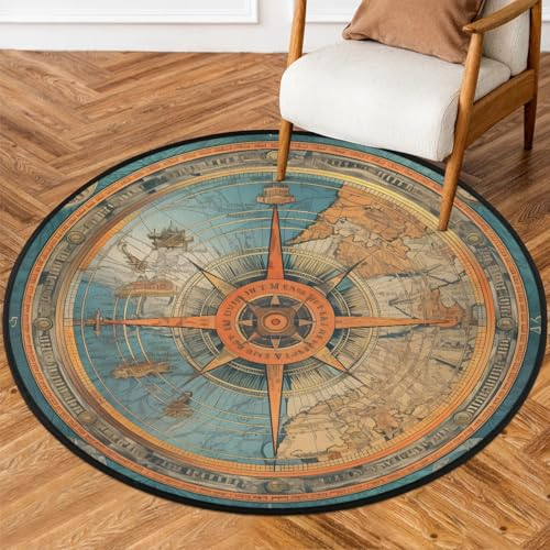 TropicalLife Teppich im Vintage-Stil mit Kompass, Retro-Karte, für Wohnzimmer, Schlafzimmer, Küche, Esszimmer, Kinderzimmer, 92 cm, runder Teppich, rutschfest, für den Innenbereich, Matte