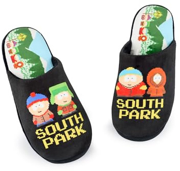 South Park Herren Hausschuhe | Slip-On-Pantoletten für Erwachsene in Schwarz mit Cartman, Kenny, Stan & Kyle Pixel-Textdruck | Hausschuhe mit durchgehendem Fußbett-Print | Comedy Cartoon Indoor