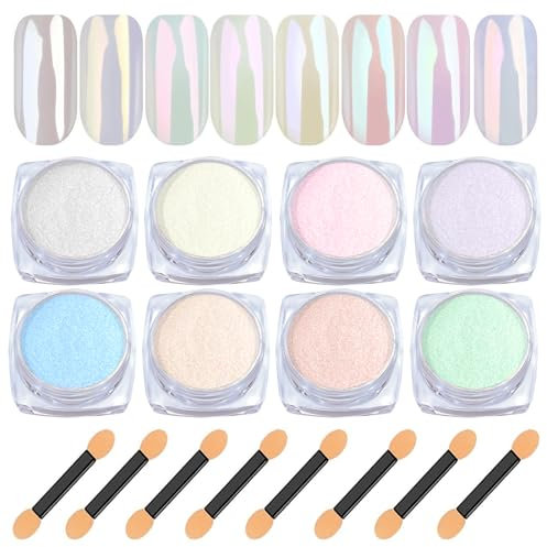 Weiße Pearl Chrome Nail Powder BISHENGYF – 8Pcs Transparent Aurora Ice Shimmer Chromfarbener Nagelpuder Metallic Spiegel Effekt Neon Chrome Pigment Pulver für Nägel Glazed Donut Glitzerpuder