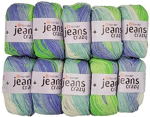 500g Strickwolle Ilkadim Export Jeans Crazy mehrfarbig mit 55% Baumwolle, 10 x 50 Gramm Baumwoll-Strickgarn mit Farbverlauf (blau kiwi weiss 8208)