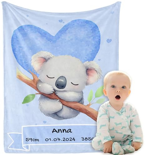 iDIY Babydecke Personalisiert mit Namen & Geburtsdatum - Kuscheldecke Kinder, Neugeborenen-Geschenk für Jungen/Mädchen,10 Tier-Muster Wählbar