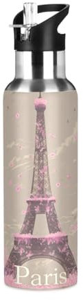 Tour Eiffel Fleurs De Cerisier Roses Bouteille d'eau Isotherme avec Paille en Acier Inoxydable Gourde, Sans BPA Gourdes Eau pour Enfant Sport Randonnée École Bureau (600ml/1L)