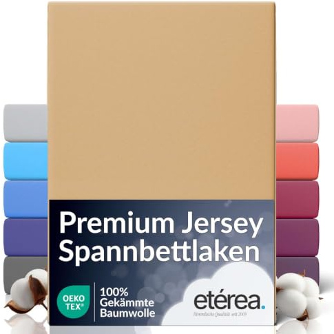etérea Jersey Spannbettlaken Premium 180x200-200x200 cm Beige Rundumgummi | 160 g/m² gekämmte Baumwolle Spannbetttuch · Rundumgummizug · bügelfrei & farbecht · OEKO-TEX Made in Green