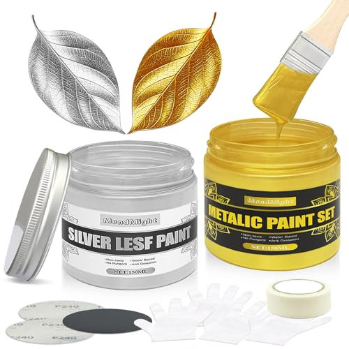 Pintura Acrílica Metálica Oro y Plata No Tóxica | Set 3 Piezas con Barniz y Accesorios (150ml) | Base de Agua para Manualidades, Telas, Madera y Arcilla | Decoración, Artesanías y Proyectos DIY