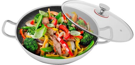 Sauteuse 34 cm avec couvercle, revêtement en acier inoxydable, passe au four, bord haut pour rôtir, sauter, frire