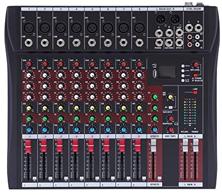 8 Kanal Professioneller Mixer, Drei-Band-Equalizer DJ Mischpult für PC, Stereo Sound Mischkonsole, Audio Mixer Bluetooth 48V Phantomspeisung USB for Recording DJ Stage Karaoke Music Applikation