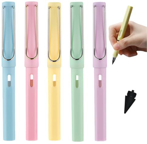 5 Stück Metall Tintenlose Bleistifte, Tintenloser Bleistift mit Radiergummi, Magic Pencil mit 5 Stück Wechselkopfm, Klares und Flüssiges Schreiben für Erwachsene Studenten Künstler (Mehrfarbig)