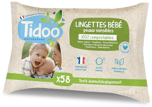 TIDOO- Lingette Bébé peaux sensibles- Sans Parfum - Lingettes Nettoyantes Sans Alcool Made in France - Soin Bébé Peaux Normales & Fragiles - 9x58 Lingettes Désinfectantes