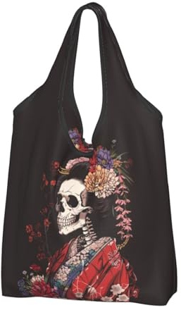 TZTTZT Wiederverwendbare Einkaufstasche, faltbar, Geisha-Skelett mit Blumen, Einkaufstasche mit Griffen, Schwarz, 1 PC