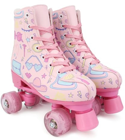 XUDREZ Rollschuhe Tribolumineszenz Rollschuhe Kinder und Erwachsene Rosa Druck Quad-Skates Leuchtenden Rädern Verstellbare Für Mädchen, Damen und Anfänger (Pink,34)