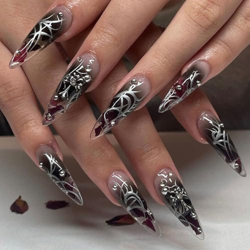 24PCS Long Almond Gothic Halloween Press on Nails with Rhinestone Cross and Silver Swirl Design, Dark Style Acrylic False Nails with Adhesive Tools