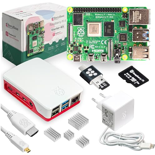 Raspberry Pi 4 Starterkit (2 GB RAM) Komplett-Set von BerryBase, MicroSD-Karte mit Raspberry Pi OS, offizielles Gehäuse, 15W USB-C Netzteil, Micro-HDMI-Kabel, Kühlkörperset