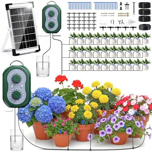 Kit di Irrigazione Automatica Solar, Innaffiare 30 Piante in Vacanza, Sistemi di Irrigazione Automatico con Timer + Tubo Flessibile da 35M per Giardin, Balcone, Piante in vaso
