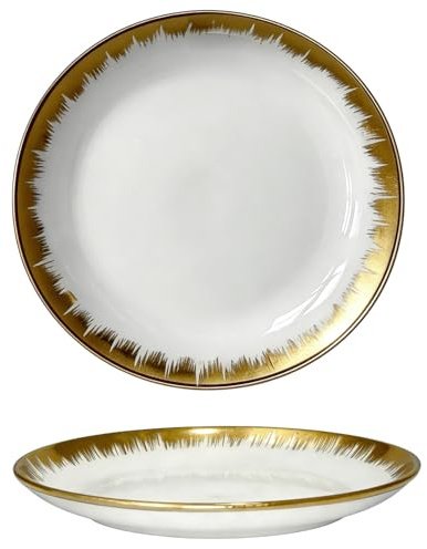 Moderne Keramikteller Set 2er Weiß Gold – Speiseteller mit Goldrand 25.5cm Geschirrset Modern Frühstücksteller Dessertteller Kuchenteller Salatteller Steakteller Snackteller Pastateller Tischdeko