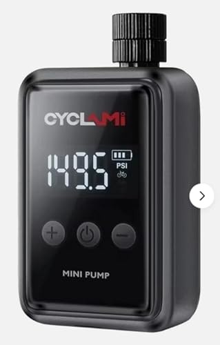 CYCLAMI Mini Portable Electric Bike Pump, 150 PSI Fast Rechargeable Air Compressor, Black, with Digital Display and Accessories 2026