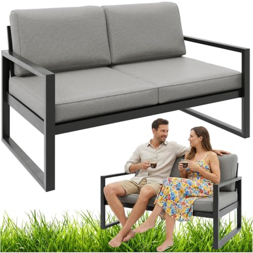 Beautysofa24 Stella Gartensofa 2-Sitzer Metall inkl. Kissen Wetterfest Outdoor Lounge Gartencouch Terrassensofa Balkonsofa Modern für Garten Terrasse Balkon, Beige