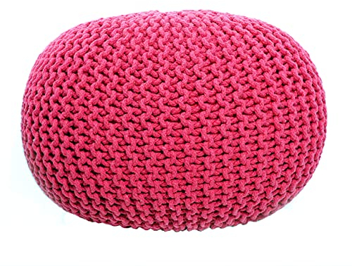 Fernish Decor Runder Pouf Ottoman handgestrickter Baumwoll-Pouf Fußstütze, Fußhocker, Strick-Sitzsack, Bodenstuhl für Schlafzimmer, Wohnzimmer, Zimmer, Akzentsitz (Hot Pink, 50 x 50 x 35 cm)