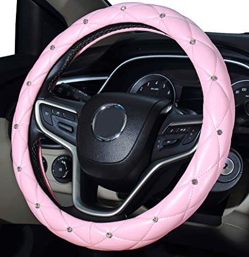 Mayco Bell Diamond Lenkradbezug für Damen, Leder Bling Cute Car Lenkradbezug Universal 15inch mit Crystal Diamond (Pink)