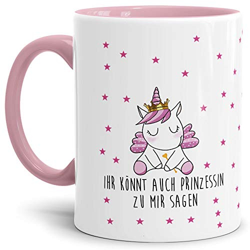 Tassendruck Einhorn-Tasse mit Spruch Ihr könnt auch Prinzessin zu mir sagen - Glitzer/Rosa/Geschenk-Idee/Stern/Regenbogen/Innen & Henkel Rosa