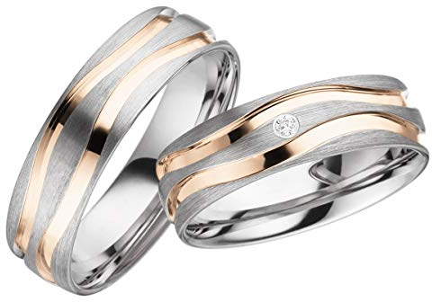 JC Trauringe Silber 925 Paarpreis Eheringe Rotgold Weißgold Plattiert 6,0 mm breit I Partnerringe mit Gravur in edler Schatulle I 2 Hochzeitsringe Herrenring ohne & Damenring mit Stein I LC128-2-P