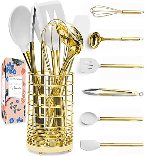 Ensemble d'ustensiles de cuisine en silicone blanc et doré avec porte-ustensiles doré – 7 ustensiles de cuisine en silicone – Idéal pour les ustensiles de cuisine antiadhésifs et les cuisines modernes