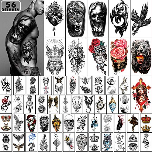 Yazhiji 56 Feuilles Autocollants de Tatouages Temporaires 11 feuilles de Tatouages d'épaule demi-bras pour hommes ou femmes avec 45 feuilles Minuscule Faux Tatouage