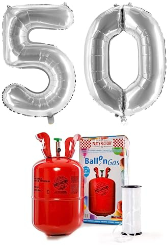 PARTY FACTORY Helium Set 50 mit XXL Zahlenballons, Ballongas und Ballonschnur - für Geburtstag, Jubiläum, Jahrestag; Gold, Silber, Schwarz, Pink, Rosa, Rosagold, Bunt (Silber)