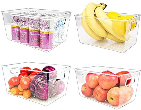 Puricon 4 Pack Clear Storage Bins, BPA-free Plastic Storage Boxes Tray Fridge Organiser Kitchen Organisation Pantry Storage Containers Freezer Space Saver for Kitchen Cupboard Cabinet Organiser
