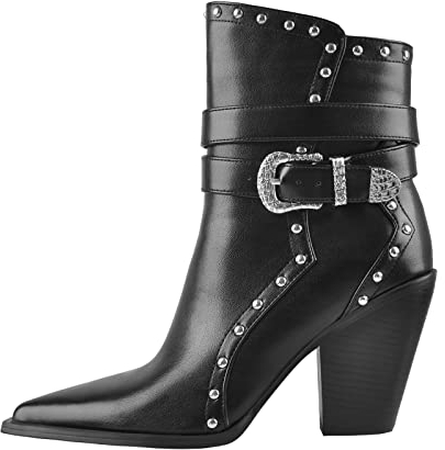 Only maker Damen Stiefeletten mit Blockasbatz Knöchelschnallen Weitschaft Winterschuhe Warmgefütterte Bootsschuhe mit Nieten Cool Punk Damenschuhe Schwarz EU 44